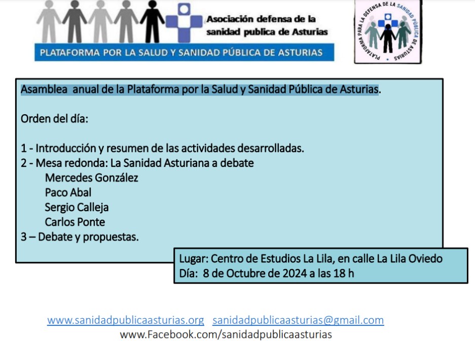 Asamblea anual de la Plataforma por la Salud y Sanidad Pública de Asturias | 08 de octubre