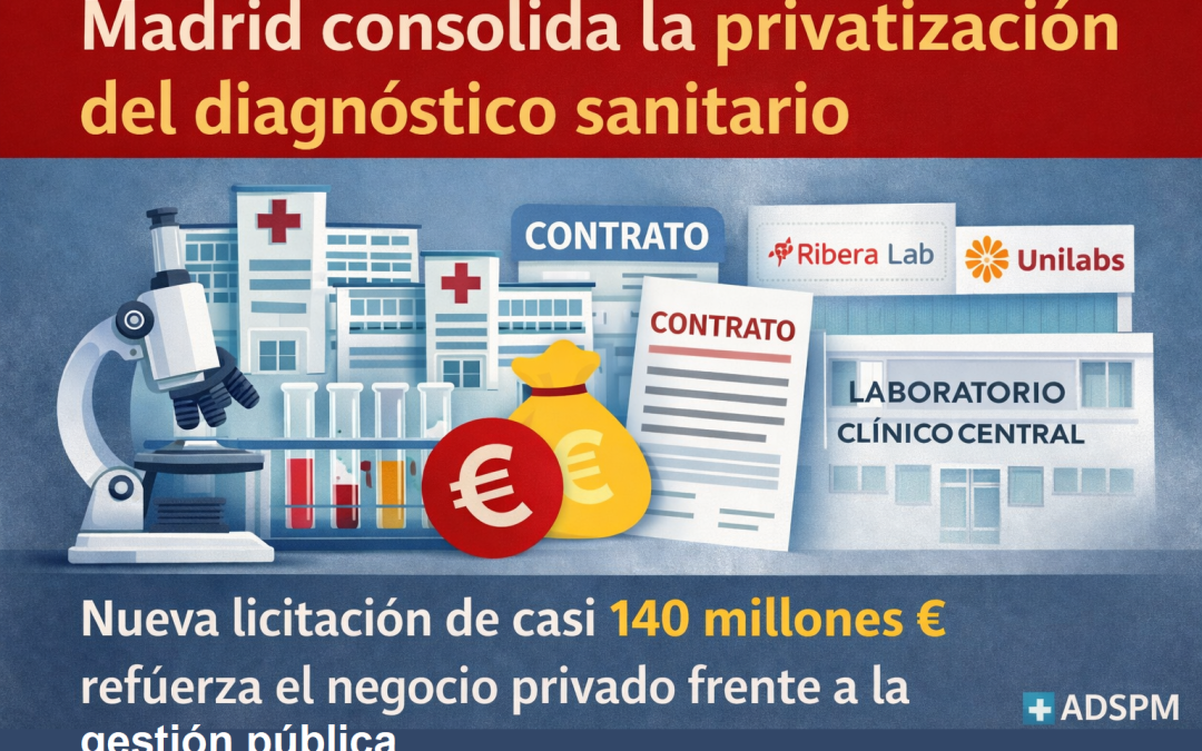 La ADSPM denuncia que la Comunidad de Madrid consolida la privatización del diagnóstico sanitario con una nueva licitación del Laboratorio Clínico Central