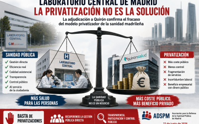 La ADSPM denuncia que adjudicar el Laboratorio Central a Quirón evidencia el fracaso de la privatización sanitaria en Madrid.