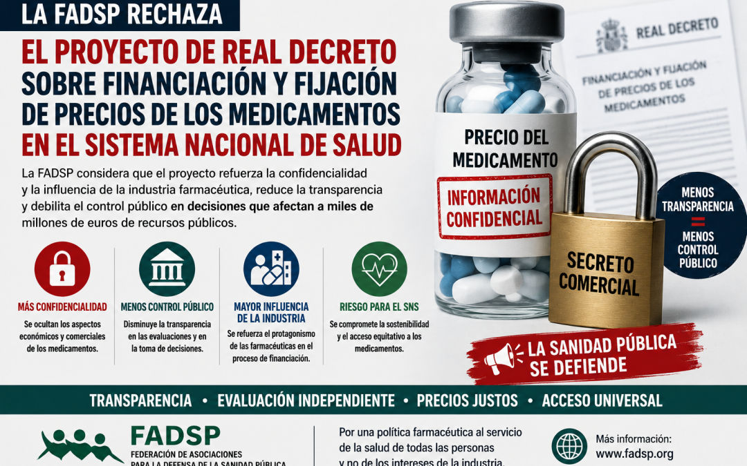 La FADSP rechaza el nuevo modelo de financiación de medicamentos por aumentar la opacidad y debilitar el control público